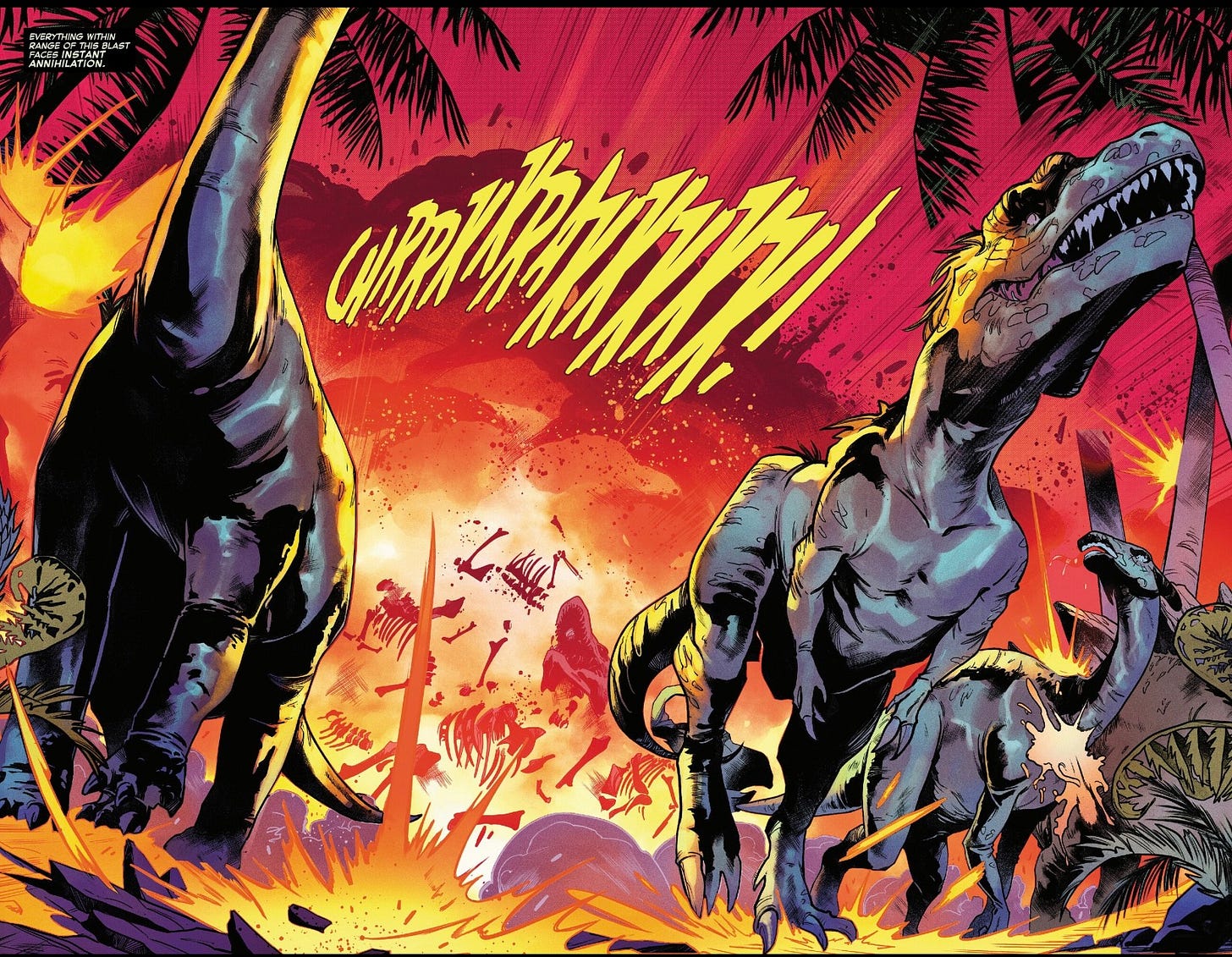 Several dinosaurs flee through a tropical forest as fiery ejecta and shockwaves from the Chicxulub asteroid impact rain down around them. Explosions erupt across the landscape, skeletons and debris are thrown into the air, and the sky glows red-orange with fire as the mass extinction event unfolds.