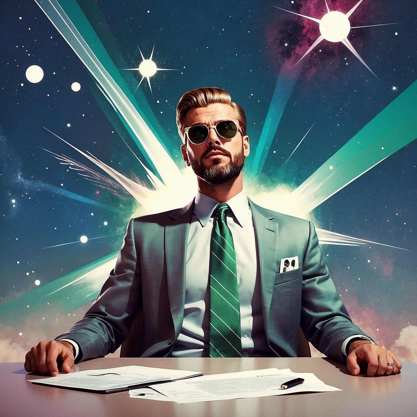 Stylized digital portrait of a confident man in a gray-green suit and striped green tie, seated at a desk with business documents in front of him. He wears sunglasses and sits upright, exuding authority and composure. Behind him, a surreal cosmic background bursts with radiant light beams, stars, and planetary forms, creating an aura of power and visionary ambition. The image blends corporate aesthetics with science fiction and celestial symbolism. Stylized digital portrait of a confident man in a gray-green suit and striped green tie, seated at a desk with business documents in front of him. He wears sunglasses and sits upright, exuding authority and composure. Behind him, a surreal cosmic background bursts with radiant light beams, stars, and planetary forms, creating an aura of power and visionary ambition. The image blends corporate aesthetics with science fiction and celestial symbolism.