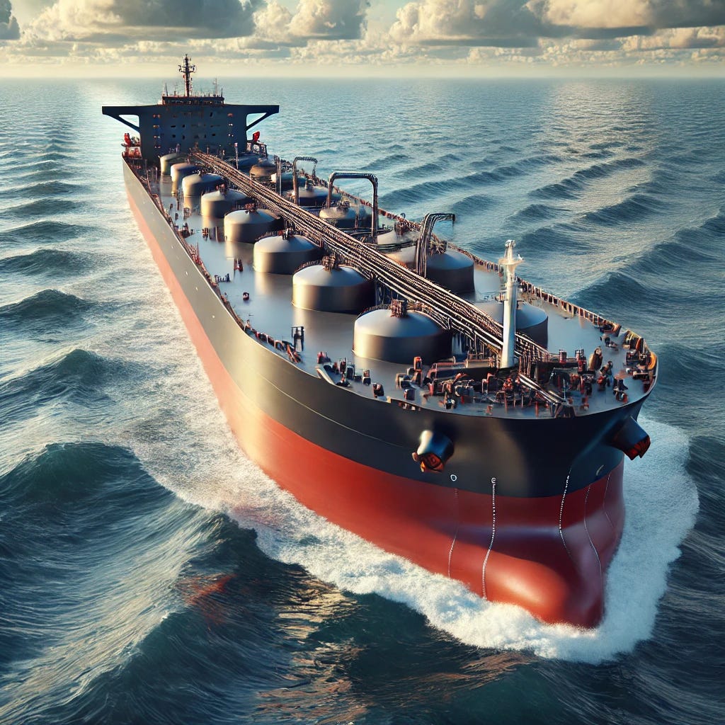 A realistic image of a large crude oil tanker sailing on the open ocean. The ship is massive, painted in dark red and black, with large cylindrical storage tanks on its deck. The ocean waves surround the vessel, and the sky is partly cloudy. The ship's bridge is positioned toward the rear, and pipelines run along the deck for transporting crude oil.