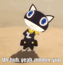 a cartoon cat with a yellow scarf around its neck and the words uh-huh yeah mmhmm yup below it