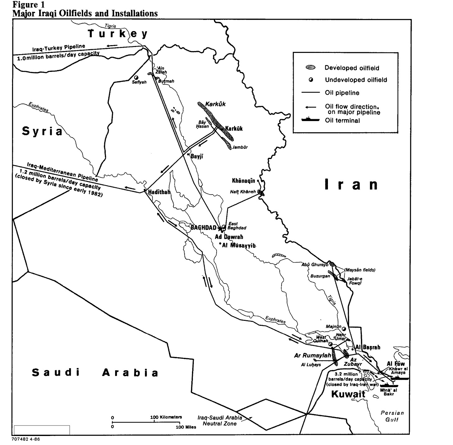 CIA map of Iraqi oilfields and export pipelines in May 1986 CIA map of Iraqi oilfields and export pipelines in May 1986