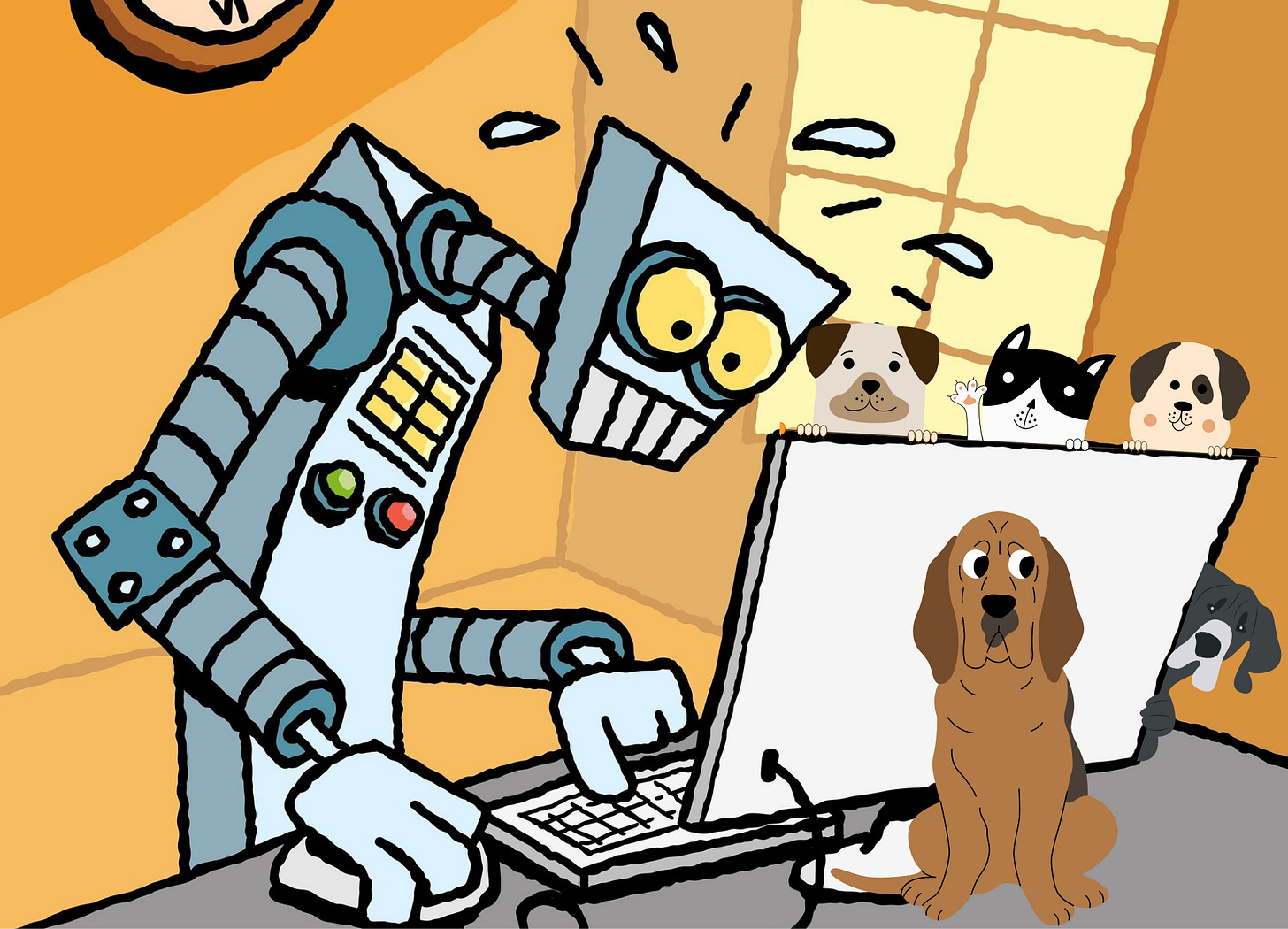 illustration of robot at computer surrounded by dogs