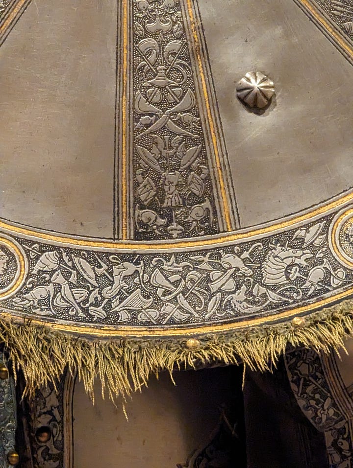 Armor for man and horse, steel and copper alloy with gilding, leather, and textile