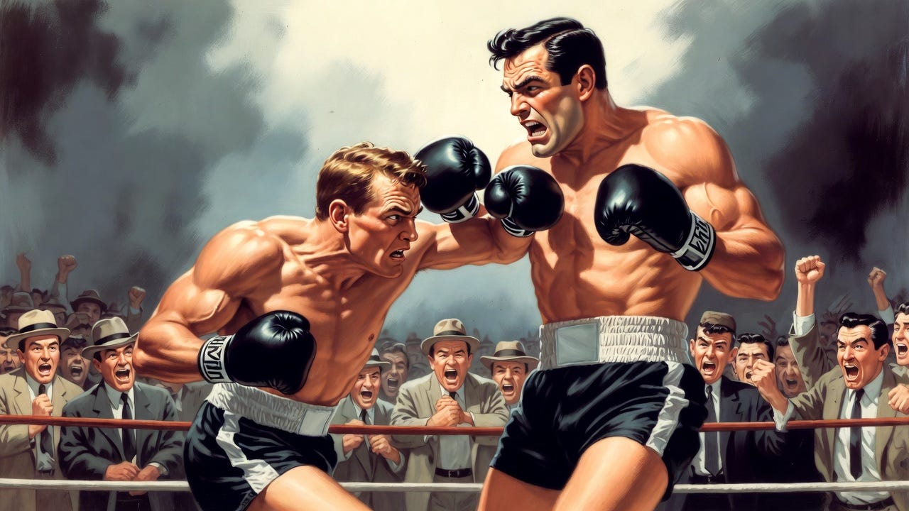 A pulp art illustration of a dramatic boxing match with a crowd in 1950s attire.