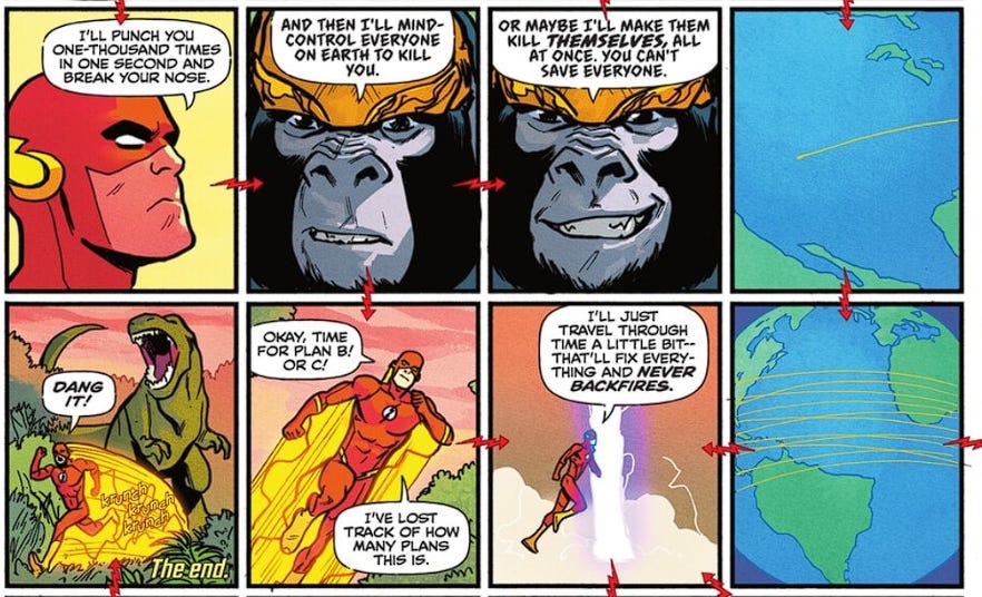 Wally West’s possible battle plans against Gorilla Grodd branch through time, including repeated punches, mind control, dinosaurs, and time travel.