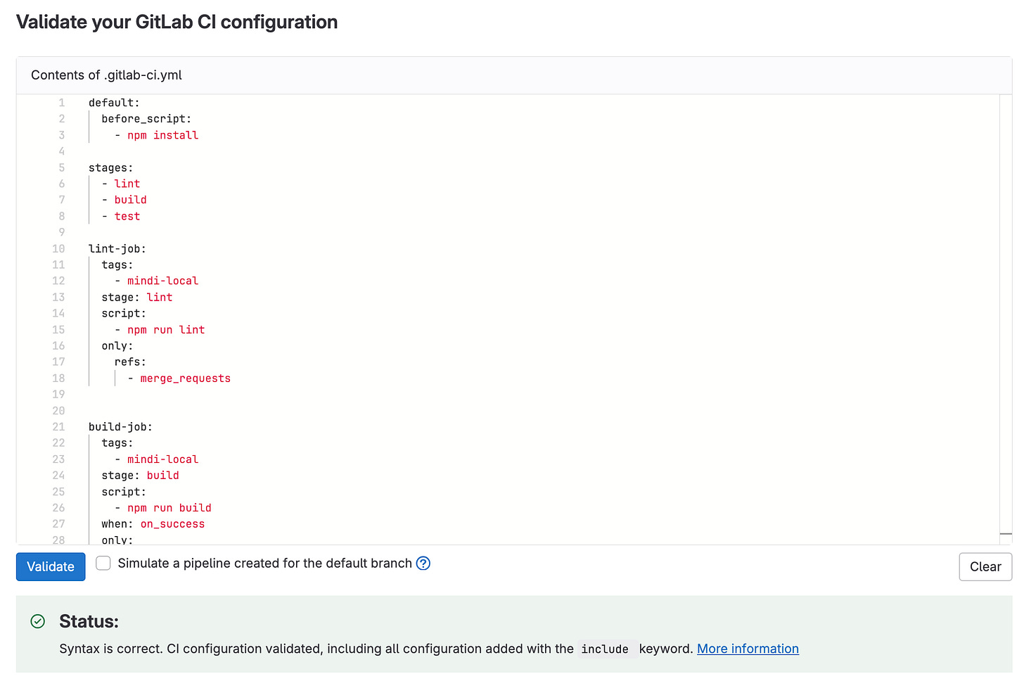 GitLab screenshot of the CI lint tool. GitLab screenshot of the CI lint tool.