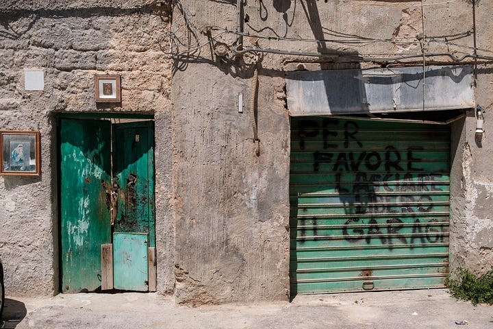 Graffiti and signs on garage doors