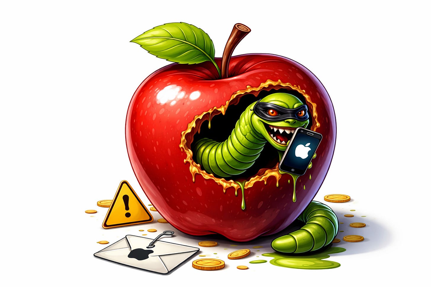 Cartoon style nasty work emerging from an apple with an iPhone in its mouth.