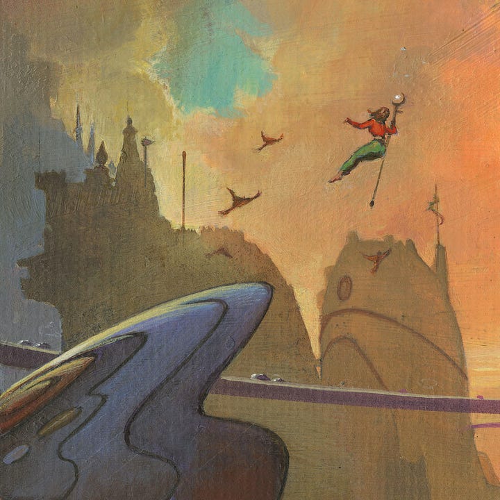 LEFT: Figure detail from DRIVE TIME IN ORBIT CITY featuring a female figure hovering in the air. She holds a long staff with a crescent head that contains a dot of white energy, clearly the source of her levitation. She wears a long sleeve red top and green pants, but her feet are bare. She's bent slightly at the waist with her back to the audience. A trio of birds with wings spread follow her into the air.  RIGHT: Detail from DRIVE TIME IN ORBIT CITY featuring a ship hovering to direct traffic, apparent by the green, yellow, and red dots glowing in a diagonal with the topmost red gleaming. The top layer of the ship sits like a cap on its "head" with a red circle surrounding black with a white dot in the middle. The right half of the ship is shaped like a pistol with the barrel pointed down. A pole sticks straight down from where the trigger guard would be. A red flag decorates the bottom end. The left half of the ship is a cone with red diagonal stripes spanning the broadest part at the top. At the tapered bottom of the ship, another arm dips right with green ornamentation, shaped like a stylized 7, at its end.