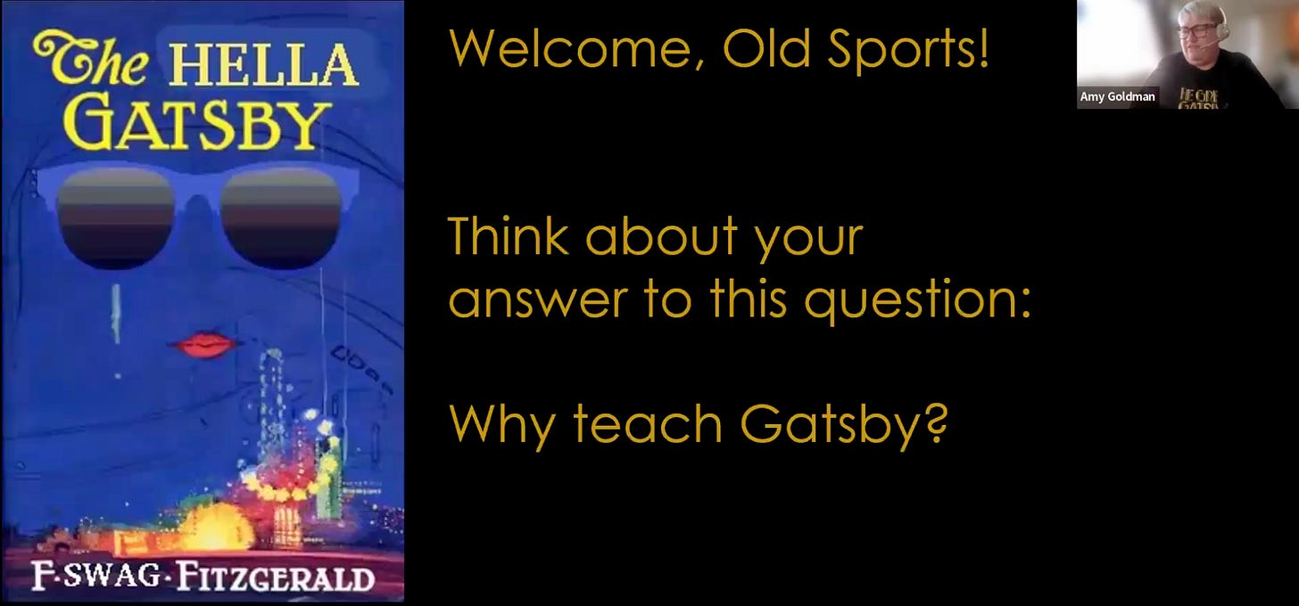 Promotional graphic of K. Woodman-Maynard’s chat with Amy Goldman, teacher and founder of “Teaching the Great Gatsby.” Promotional graphic of K. Woodman-Maynard’s chat with Amy Goldman, teacher and founder of “Teaching the Great Gatsby.”