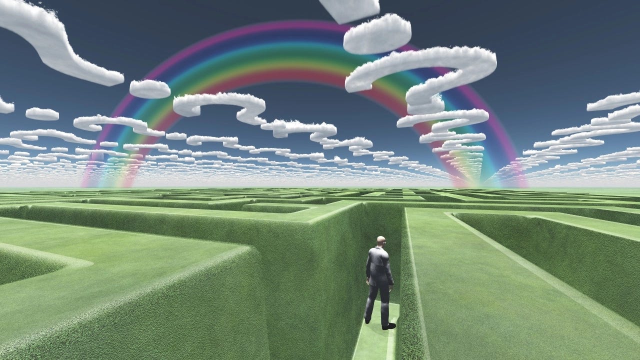 Illustration of a businessman in a green-walled maze under a sky of question marks with a rainbow at the other size
