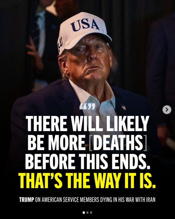 A shadowed image of Donald Trump witnessing the return of bodies of American soldiers, wearing a USA hat. He is quoted below - "there will likely be more deaths. That's the way it is."