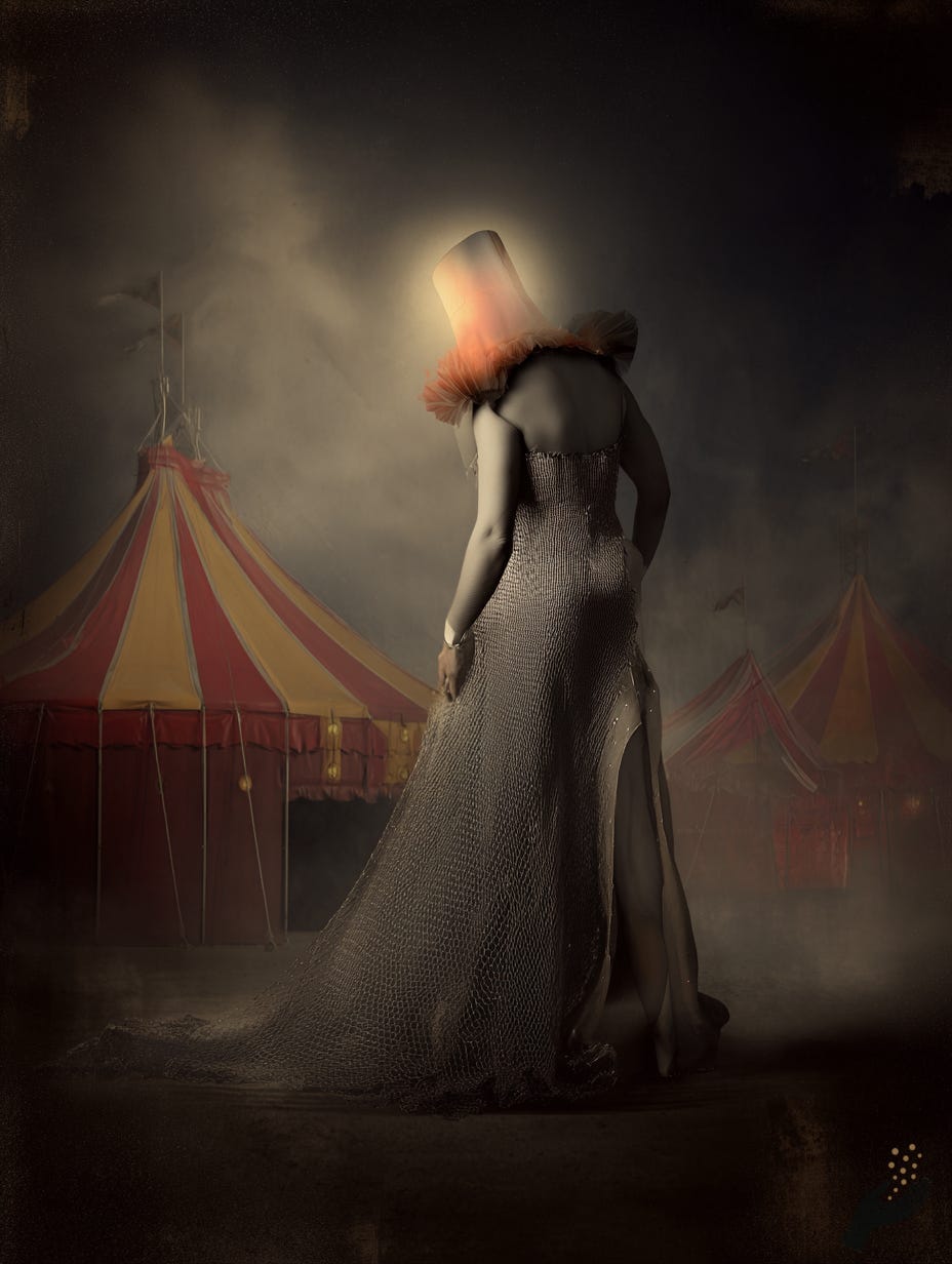 Surreal gothic figure in a pale dress with a glowing red head standing near circus tents in fog.