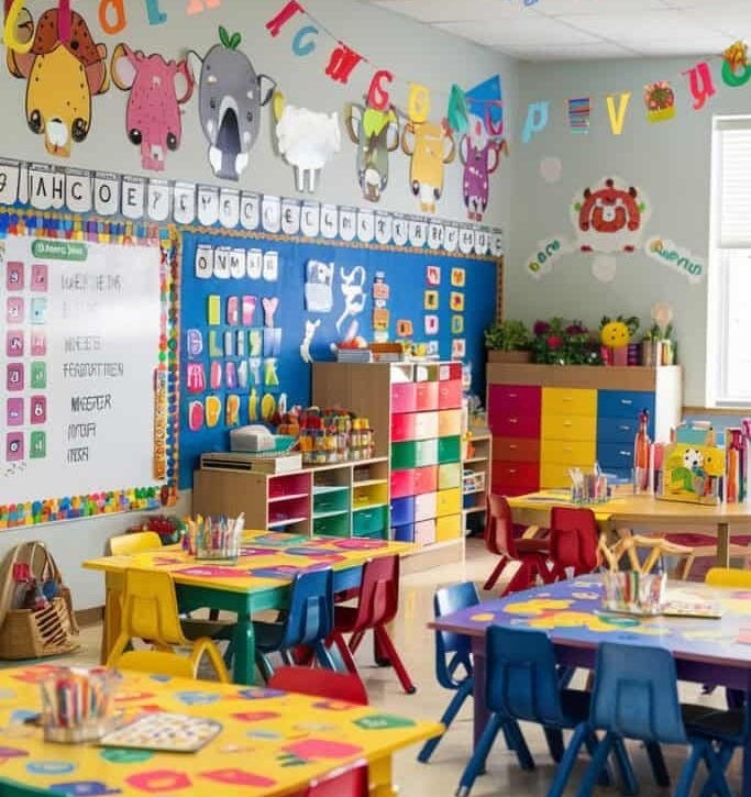 This may contain: a classroom filled with lots of colorful desks and chairs next to a wall covered in happy birthday letters This may contain: a classroom filled with lots of colorful desks and chairs next to a wall covered in happy birthday letters