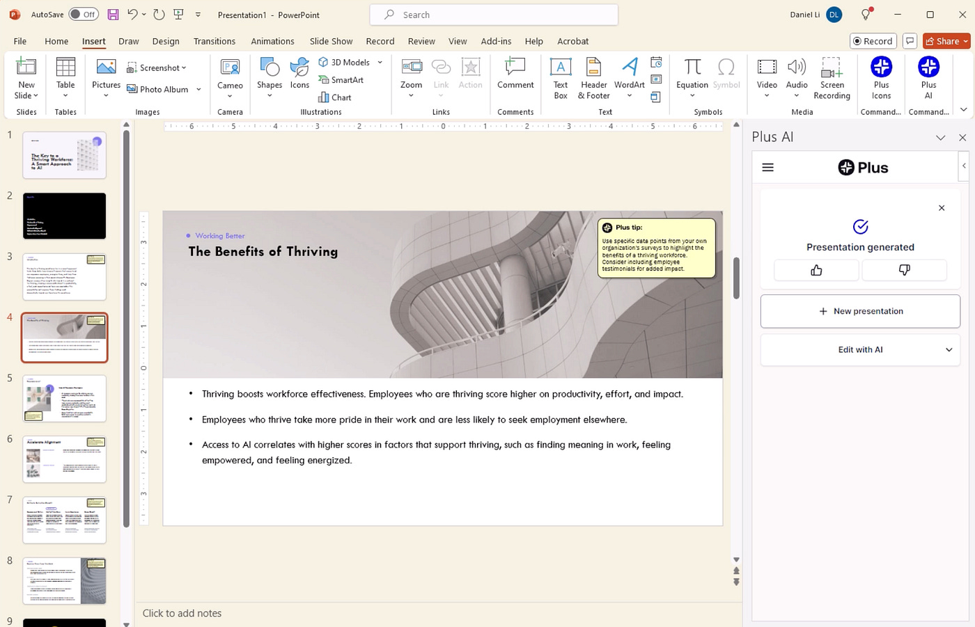 Plus AI slide generator in PowerPoint. Image by Jim Clyde Monge