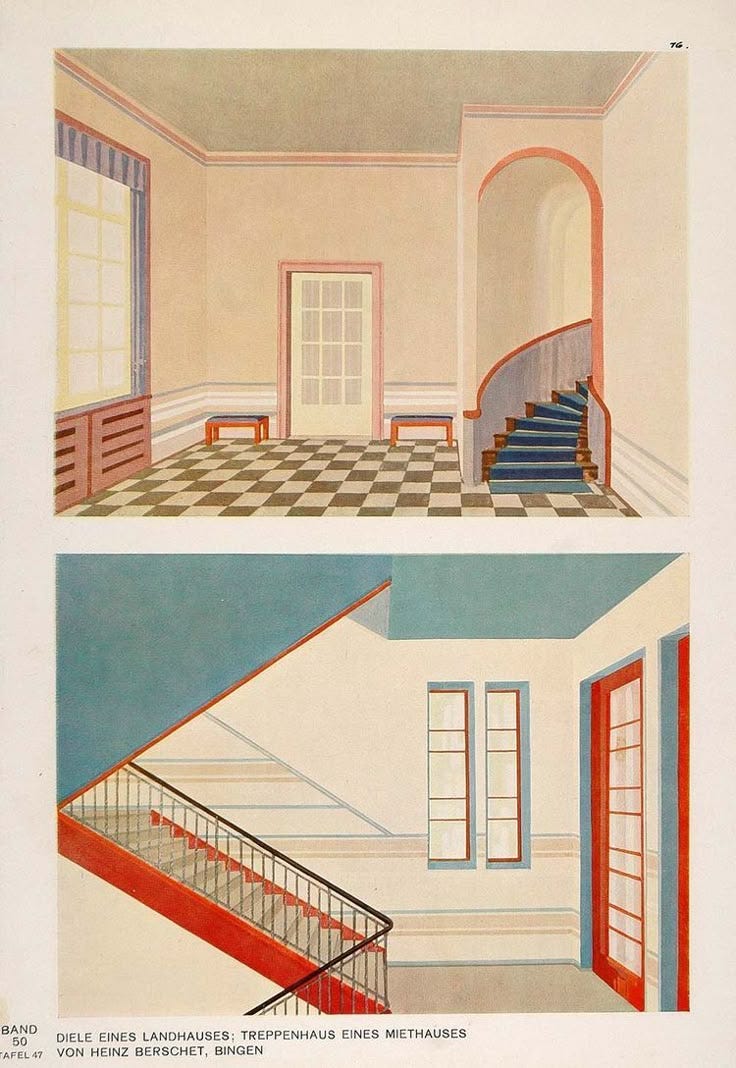 This may contain: two pictures of the same room in an old house, one with stairs and another with windows