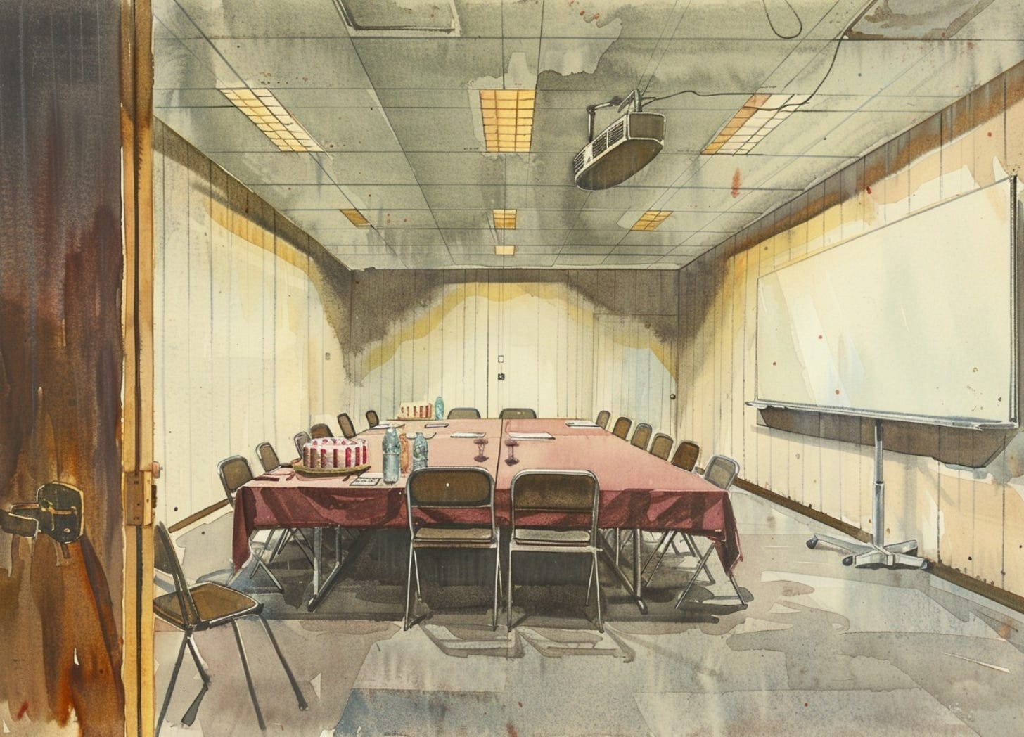 vintage editorial watercolor illustration of a corporate conference room set up for a retirement party, sheet cake and water bottles on a dark red tablecloth, stackable chairs, bare walls, no figures, fluorescent light, muted neutrals, cream paper texture