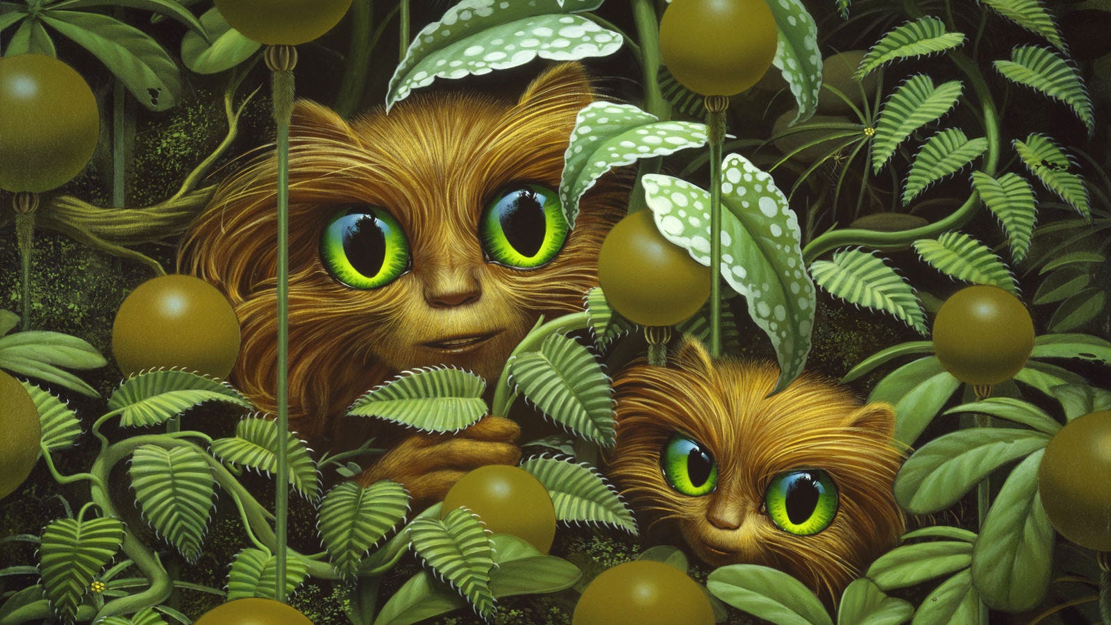 A pair of adorable furry creatures poke their heads out from the cover of dense tropical vegetation. Their huge eyes are strikingly green, cat-like and glossy so that the treetops reflect in the light. Their noses lie long, wide, and flat. Their mouths aren't pronounced like an ape, but thin lips and the slit of their mouths does seem ape-like. Long tufts of light brown hair sweep outward around the eyes like a flaring mane, giving their faces a disproportionately wide countenance. Hair over the pate is smoothed back of their heads. Cat-like ears—soft rounded triangles—are set above and just outside their big eyes. One thick-fingered paw, lacking claws or nails of any sort, extends as if pushing the alien foliage aside. A pair of adorable furry creatures poke their heads out from the cover of dense tropical vegetation. Their huge eyes are strikingly green, cat-like and glossy so that the treetops reflect in the light. Their noses lie long, wide, and flat. Their mouths aren't pronounced like an ape, but thin lips and the slit of their mouths does seem ape-like. Long tufts of light brown hair sweep outward around the eyes like a flaring mane, giving their faces a disproportionately wide countenance. Hair over the pate is smoothed back of their heads. Cat-like ears—soft rounded triangles—are set above and just outside their big eyes. One thick-fingered paw, lacking claws or nails of any sort, extends as if pushing the alien foliage aside.