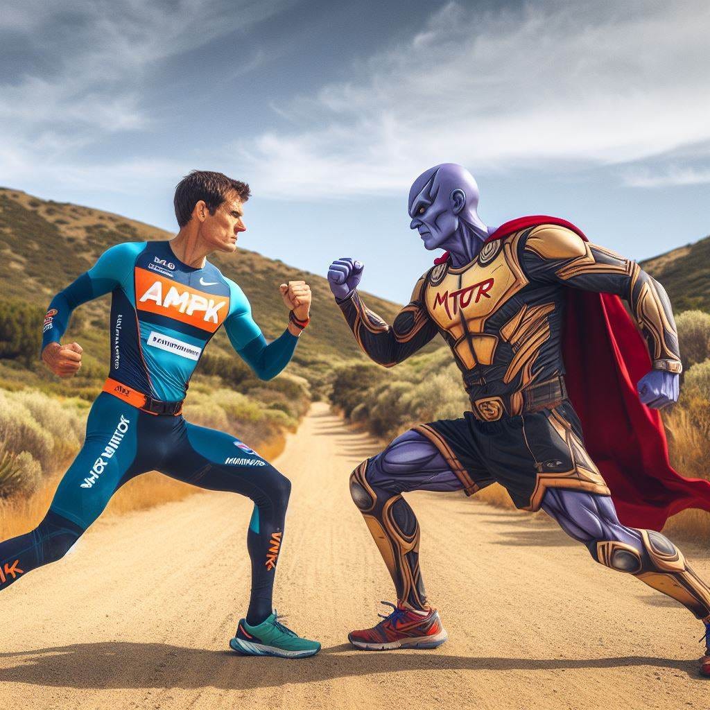 a superhero called ampk, dressed as an ultrarunner, fighting with another superhero called mtor. Both of them should have a suit with the name written on it. The background should be a trail in the Sonoma desert.