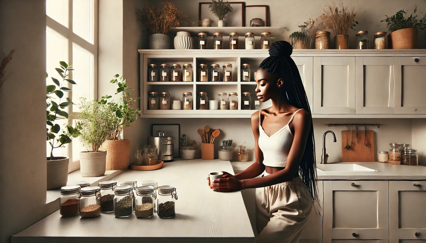A serene scene of a Black woman with neatly styled braids standing in her minimalist, clean, and modern kitchen. She is leaning slightly against the counter, gazing thoughtfully at a beautifully organized cabinet filled with jars of spices and herbs. The kitchen features soft neutral tones with touches of greenery from potted plants, creating a cozy yet elegant atmosphere. The woman is holding a small cup, contemplating making a new herbal tea blend. The lighting is warm and natural, highlighting the peaceful mood.