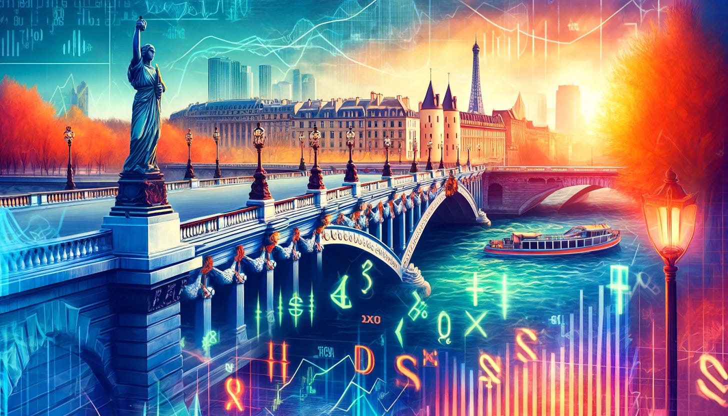 A vibrant image of Paris's bridges, focusing on the Pont Alexandre III and Pont Neuf, with the Paris skyline in the background. Superimposed on the scene are financial figures and mathematical symbols representing options Greeks, like delta, gamma, and theta, traveling across the bridges. The financial symbols should appear as if they're bouncing along, adding a dynamic feel to the serene Paris backdrop. The setting is colorful, showing a blend of historical architecture and abstract financial concepts.