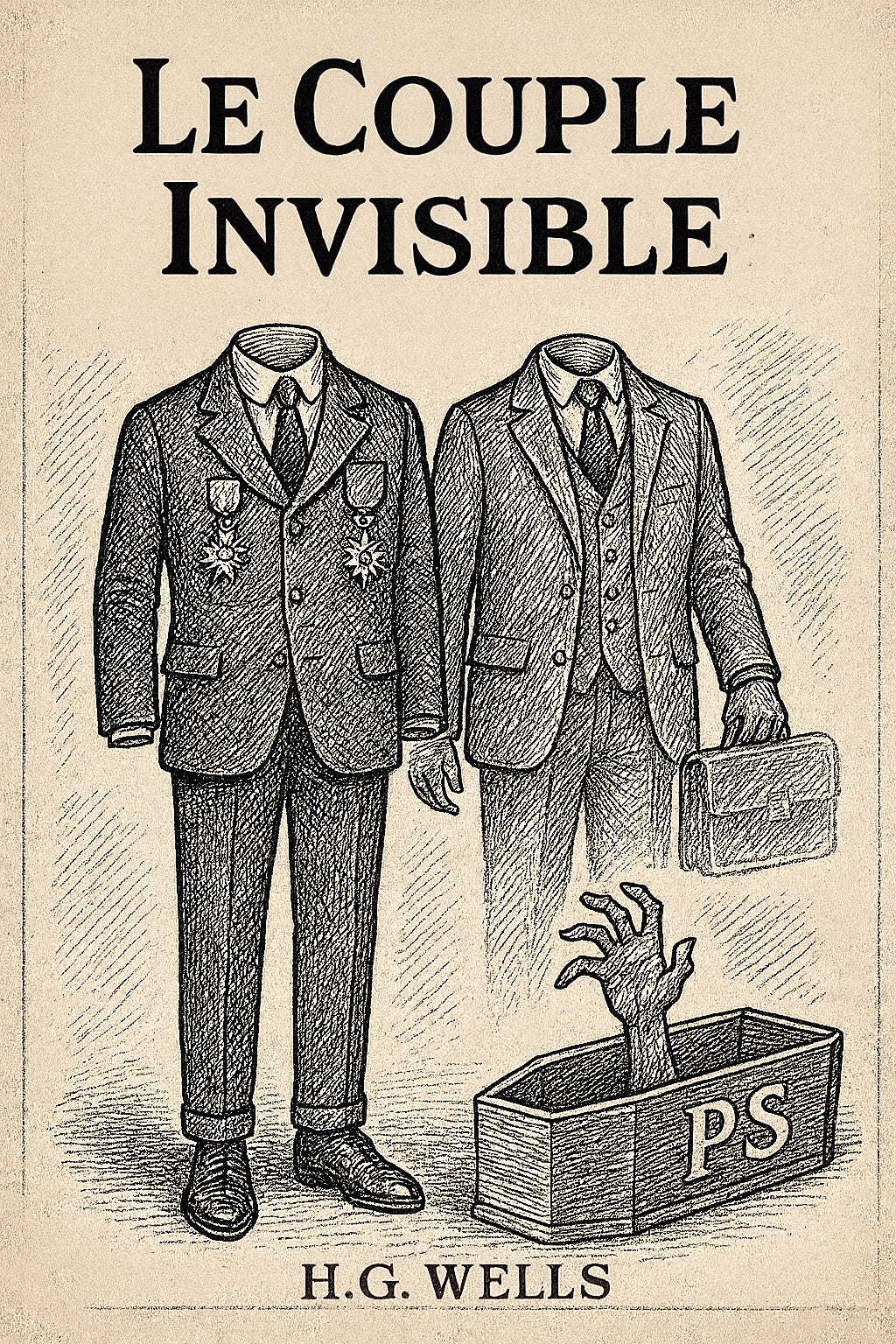 Couverture style gravure XIXᵉ avec deux costumes vides décorés, un cercueil marqué PS d’où sort une main de zombie, titre « Le Couple invisible », signé H.G. Wells. Couverture style gravure XIXᵉ avec deux costumes vides décorés, un cercueil marqué PS d’où sort une main de zombie, titre « Le Couple invisible », signé H.G. Wells.