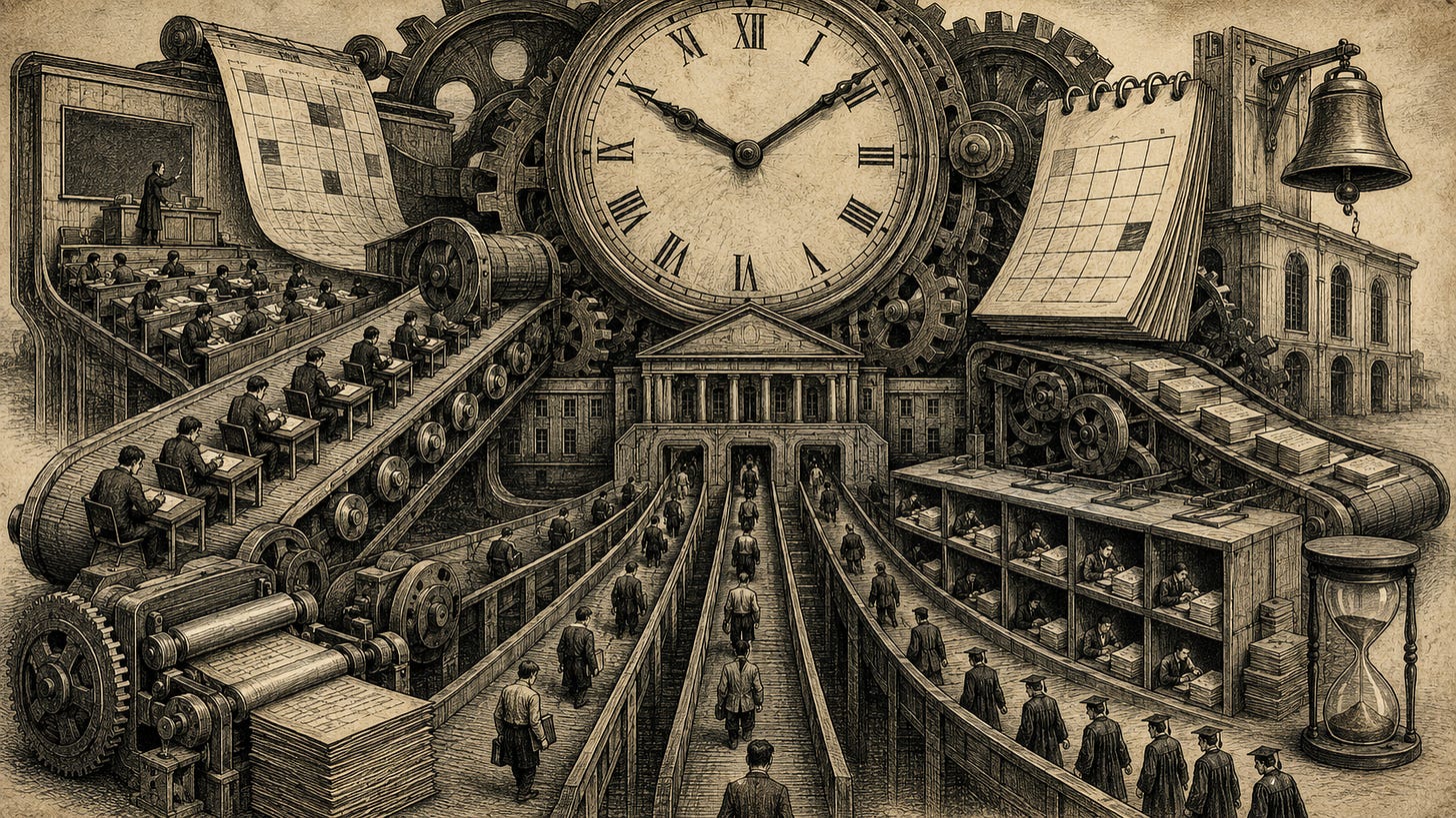 A sepia-toned surreal editorial cartoon shows higher education as an industrial machine ruled by time and efficiency. A massive clock dominates the center above a university building, surrounded by gears, conveyor belts, calendar pages, a school bell, and an hourglass. Students and faculty appear as small figures being sorted and processed through lecture halls, desk-lined assembly belts, narrow pathways, and paper-filled administrative compartments, suggesting teaching and learning have been compressed into a bureaucratic system of scheduling, standardization, and throughput. A sepia-toned surreal editorial cartoon shows higher education as an industrial machine ruled by time and efficiency. A massive clock dominates the center above a university building, surrounded by gears, conveyor belts, calendar pages, a school bell, and an hourglass. Students and faculty appear as small figures being sorted and processed through lecture halls, desk-lined assembly belts, narrow pathways, and paper-filled administrative compartments, suggesting teaching and learning have been compressed into a bureaucratic system of scheduling, standardization, and throughput.