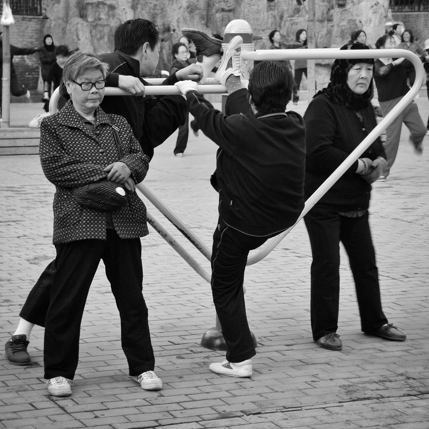 People exercising outdoors. Xining, Qinghai Province.