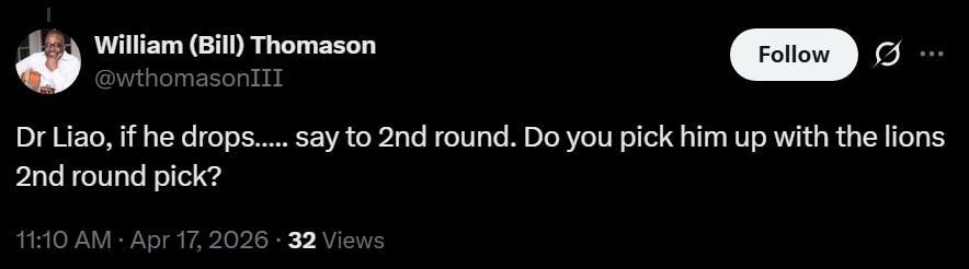 Dr. Liao, if he drops to the 2nd round, do you think the Lions take him?