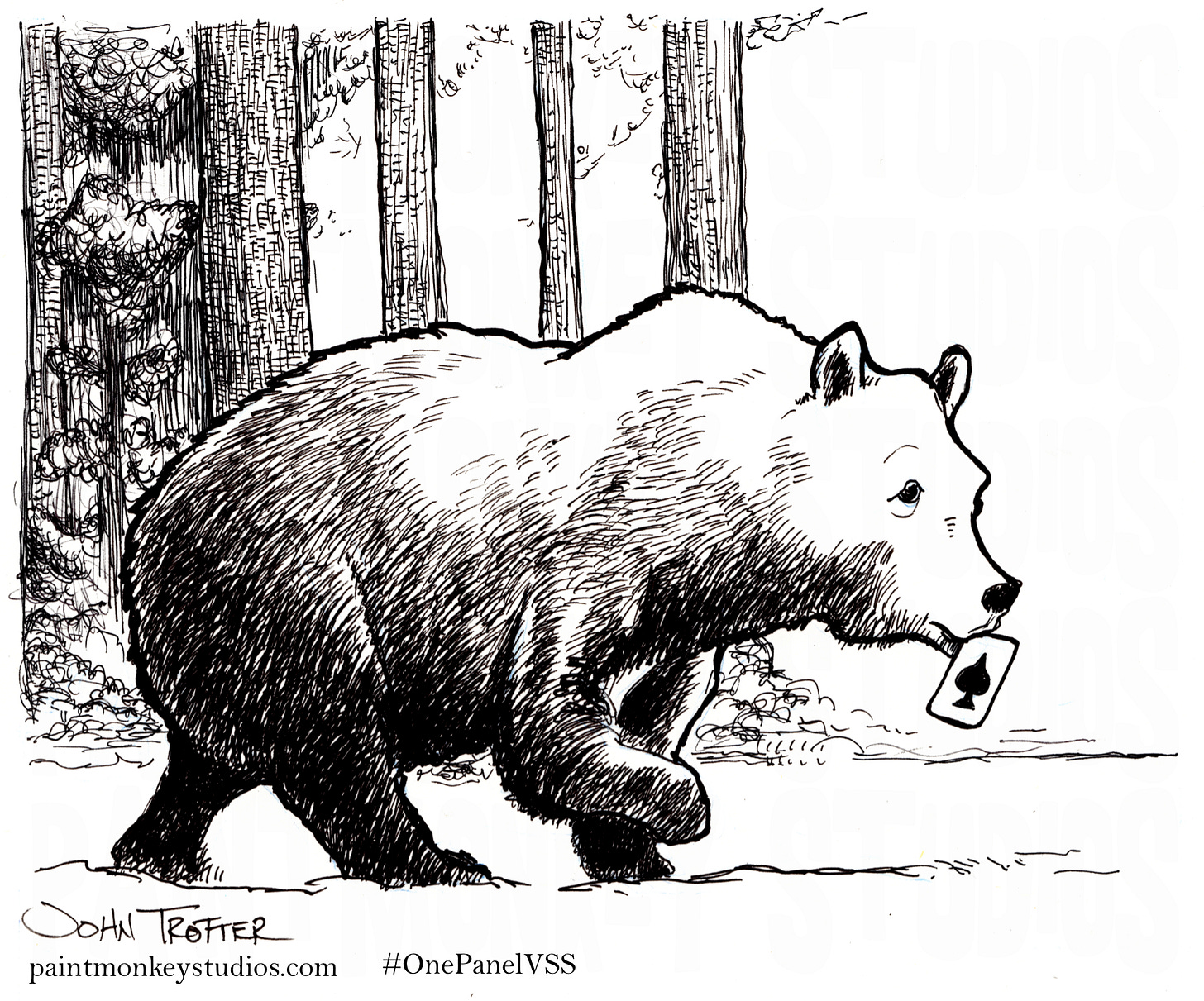 Ink drawing of a bear walking through the forest with an ace of spades in it's mouth.