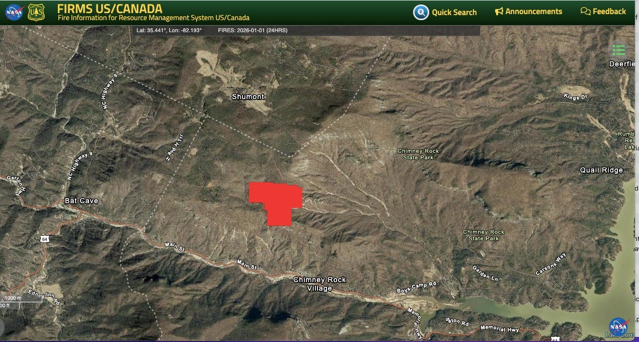May be an image of map and text that says 'FIRMS US/CANADA Fire Infarmat onf Fieitetathtionnee fo for Resource Management Sustem US/Canada Lat: a:3 35. 41 41", 1:35.441.L Lon Lon: -8 -82.1 193° FIRES: 2026-0 -01 (24HRS) Quick Search ន Announcements Highway Feedback Shumont Deerfi . Bat Cave Chimn rΕ Rock Stale Park -RumU Mains Quall QuallRldge Ridge 1000m DOft ណ្វែ रप Chimney Rock StataPar Chimney Rock Village Boys Camp Rd arKT en Carsone 널모. Rd Memorial Hwy NA94' May be an image of map and text that says 'FIRMS US/CANADA Fire Infarmat onf Fieitetathtionnee fo for Resource Management Sustem US/Canada Lat: a:3 35. 41 41", 1:35.441.L Lon Lon: -8 -82.1 193° FIRES: 2026-0 -01 (24HRS) Quick Search ន Announcements Highway Feedback Shumont Deerfi . Bat Cave Chimn rΕ Rock Stale Park -RumU Mains Quall QuallRldge Ridge 1000m DOft ណ្វែ रप Chimney Rock StataPar Chimney Rock Village Boys Camp Rd arKT en Carsone 널모. Rd Memorial Hwy NA94'