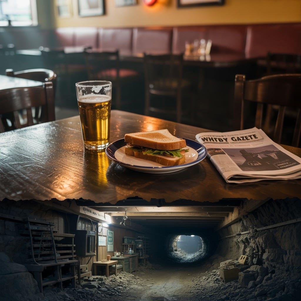 Pub table in Yorkshire with pint, sandwich and Whitby Gazette newspaper above a mine shaft — polyhalite, Woodsmith Mine, North Yorkshire - https://bit.ly/4uGxupR