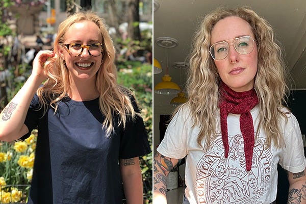 side by side images of platinum blonde hair vs "recession blonde"