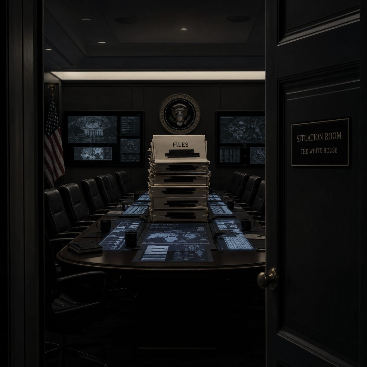 Editorial illustration of a tense, dimly lit Situation Room dominated by a stack of redacted files, symbolizing secrecy and abuse of power. Editorial illustration of a tense, dimly lit Situation Room dominated by a stack of redacted files, symbolizing secrecy and abuse of power.