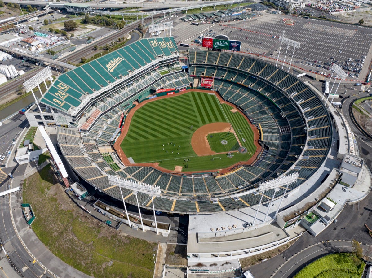 Oakland Coliseum from above. In 2025, the Athletics moved to Sacramento on their way to Las Vegas.