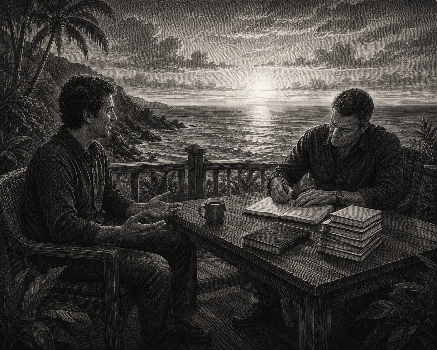 An engraved illustration of two men in conversation on an oceanfront deck, with one writing pages of notes while the other simply listens. The artwork symbolizes letting go of comparison, embracing authentic strengths, and recognizing that personal transformation begins when we stop performing someone else’s version of success. An engraved illustration of two men in conversation on an oceanfront deck, with one writing pages of notes while the other simply listens. The artwork symbolizes letting go of comparison, embracing authentic strengths, and recognizing that personal transformation begins when we stop performing someone else’s version of success.