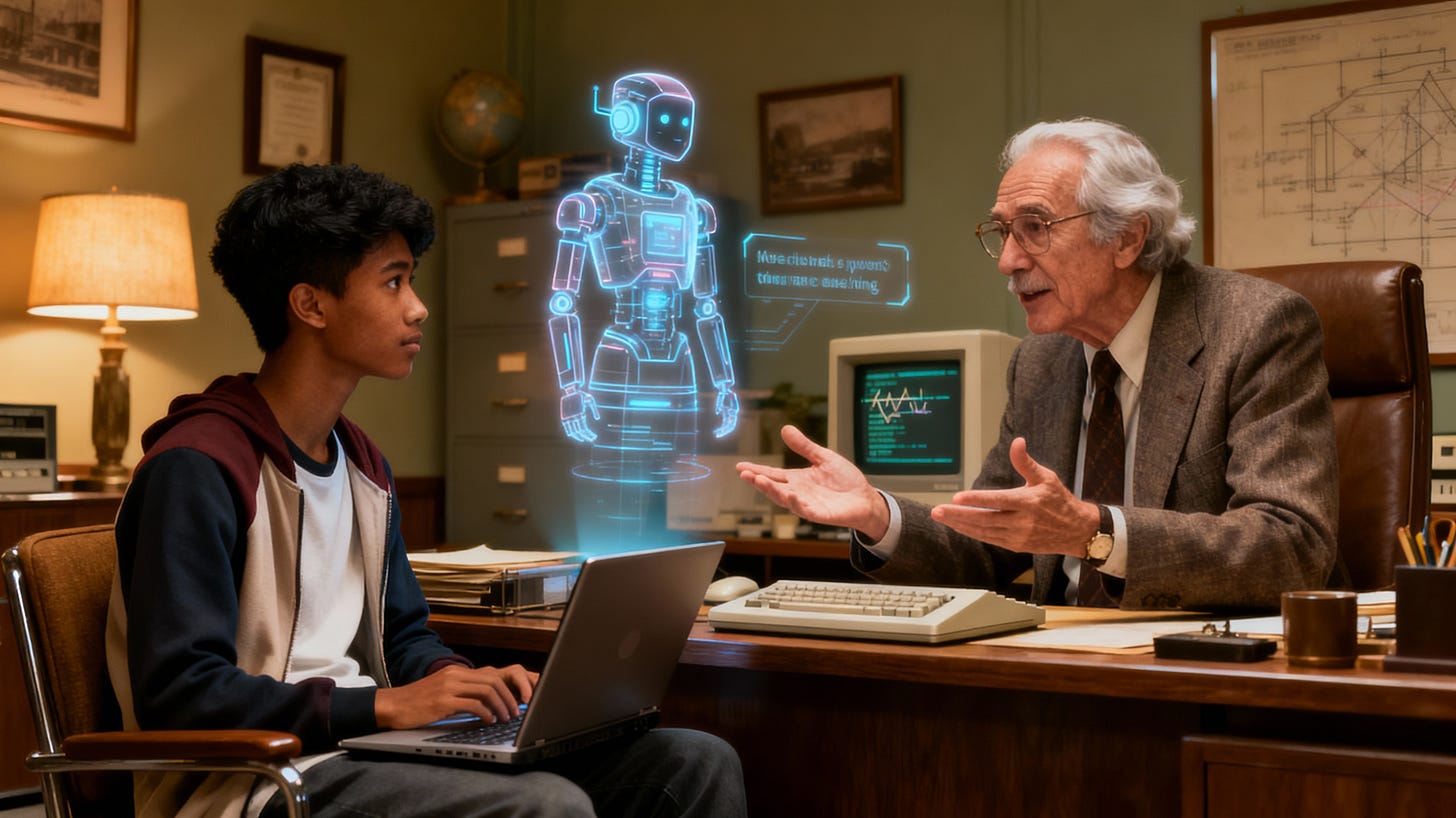 A dark-skinned Asian learner and elderly computer scientist converse in a vintage office, bridged by a holographic AI assistant.