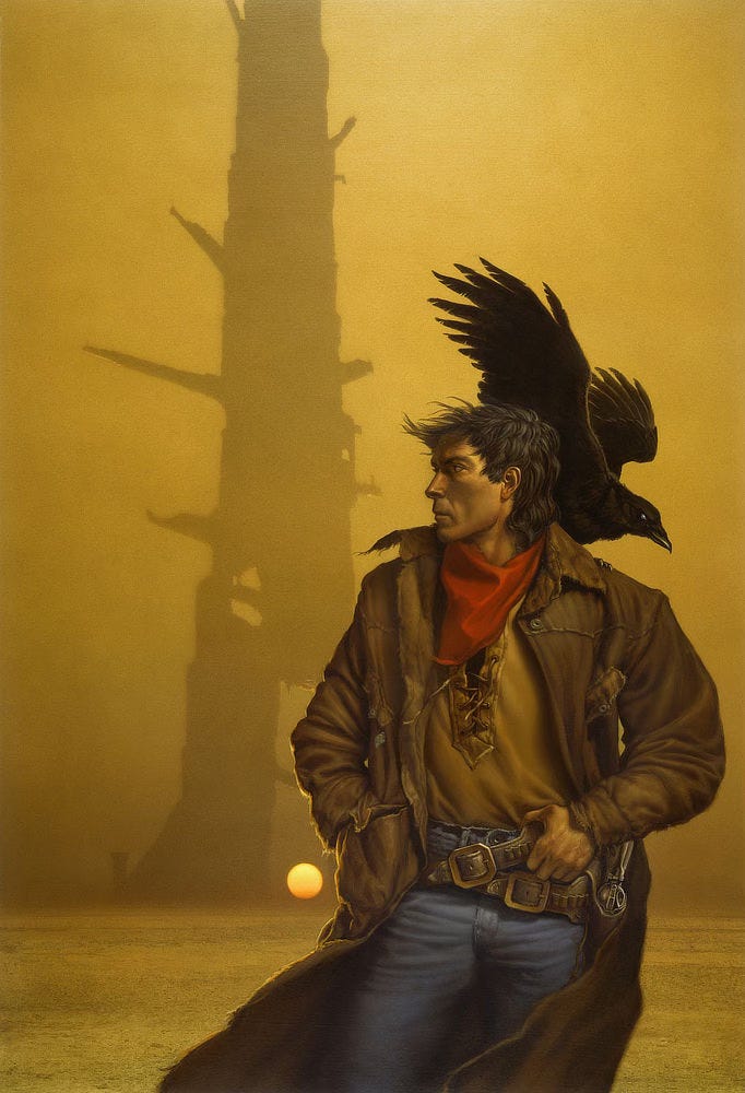 Roland, the last Gunslinger, stands with one hand in the pocket of his leather duster and the other gripping the gun belt crossed at his waist. He wears a red silky kerchief around his neck. His dark hair is blown and his skin tanned from his trek through the desert, but his posture is stoic and his gaze determined as he peers off frame left. A raven, facing the opposite direction, spreads its wings as it perches on his shoulder. The silhouette of the Tower looms tall behind him set against a mustard sky. The sun blazes low in the sky as seen through an opening at the base of the Tower.