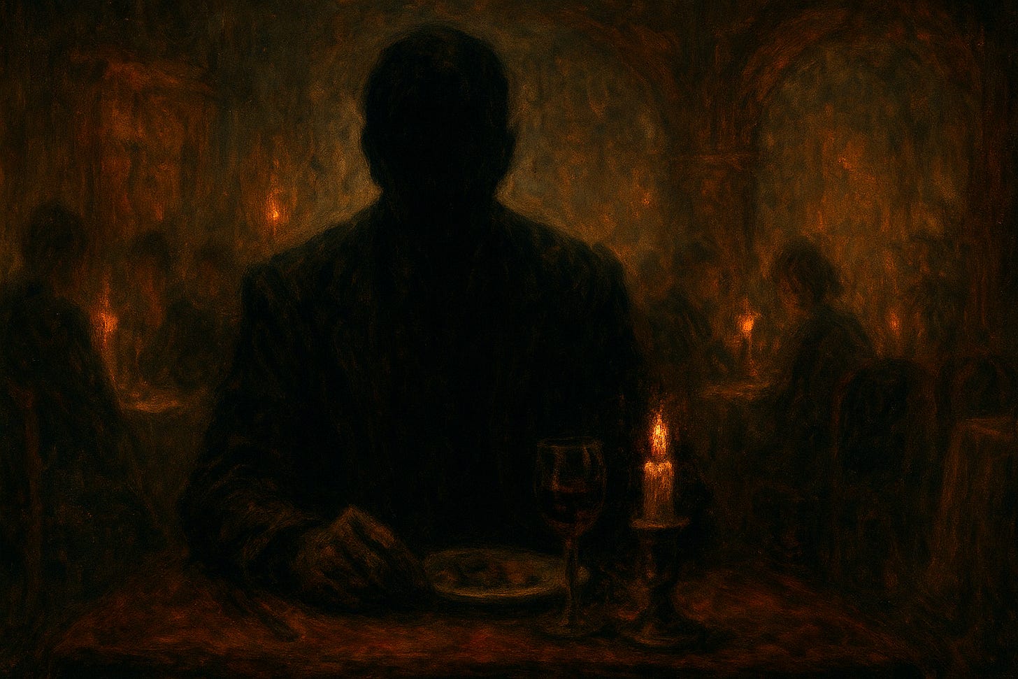 A dark, horror-style painting of a man in a suit seated alone at a restaurant table. His face is hidden in deep shadow while a candle and a glass of red wine glow faintly in front of him. Other diners blur into the background, lit only by scattered candlelight. A dark, horror-style painting of a man in a suit seated alone at a restaurant table. His face is hidden in deep shadow while a candle and a glass of red wine glow faintly in front of him. Other diners blur into the background, lit only by scattered candlelight.