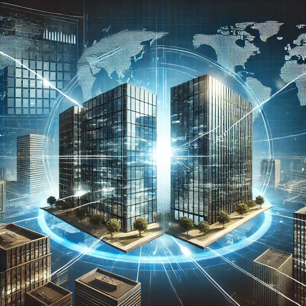 A futuristic concept illustration of mergers and acquisitions (M&A). Two corporate buildings are merging into one, symbolizing business consolidation. The scene is dynamic, with digital data streams connecting them, representing financial transactions and strategic growth. The background features a global city skyline, emphasizing the international nature of M&A. The style is modern and sleek, with a blend of realism and digital abstraction.