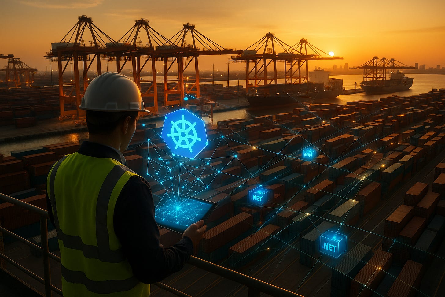 Port worker oversees shipping containers with Kubernetes and .NET holographic overlays at sunset. Port worker oversees shipping containers with Kubernetes and .NET holographic overlays at sunset.