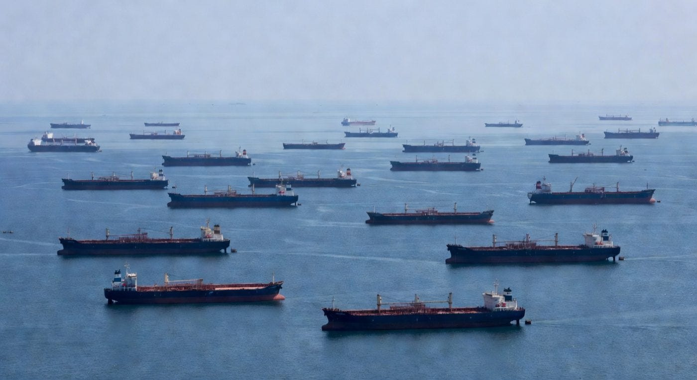 Multiple cargo ships and oil tankers anchored in calm blue ocean waters Multiple cargo ships and oil tankers anchored in calm blue ocean waters