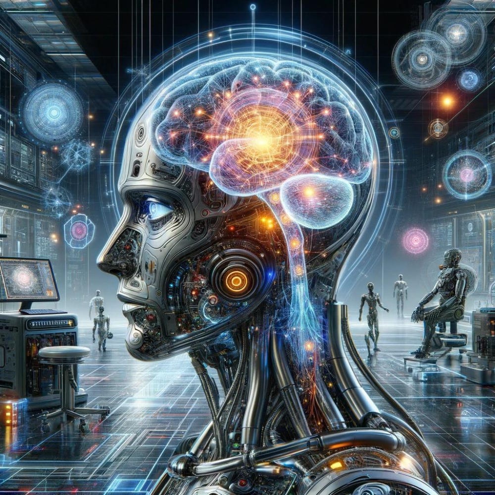 A hyper-detailed humanoid AI with an illuminated brain composed of glowing neural circuits stands in a futuristic lab surrounded by other robotic figures and holographic interfaces. The image visualises artificial intelligence processing complex information and evokes themes of synthetic consciousness, advanced cognition, and recursive perception.