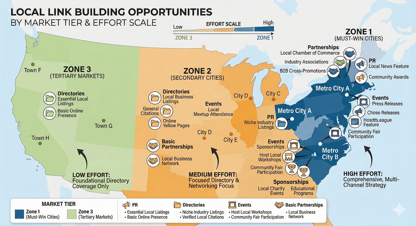 Map highlighting must win and secondary cities with icons for partnerships, PR, directories, events and sponsorship link opportunities per market tier