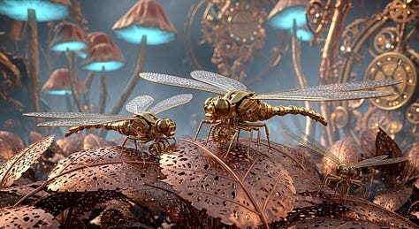 "Digital illustration of a steampunk insect world with mechanical dragonflies resting on metallic foliage." - by GPT-4o, Imagen 4, and Seedream 3.0 image models