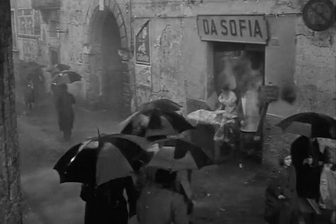 Sophia Loren serving pizza on the street in The Gold of Naples (1954) | Film Flavor: A Newsletter Surveying Food in Film