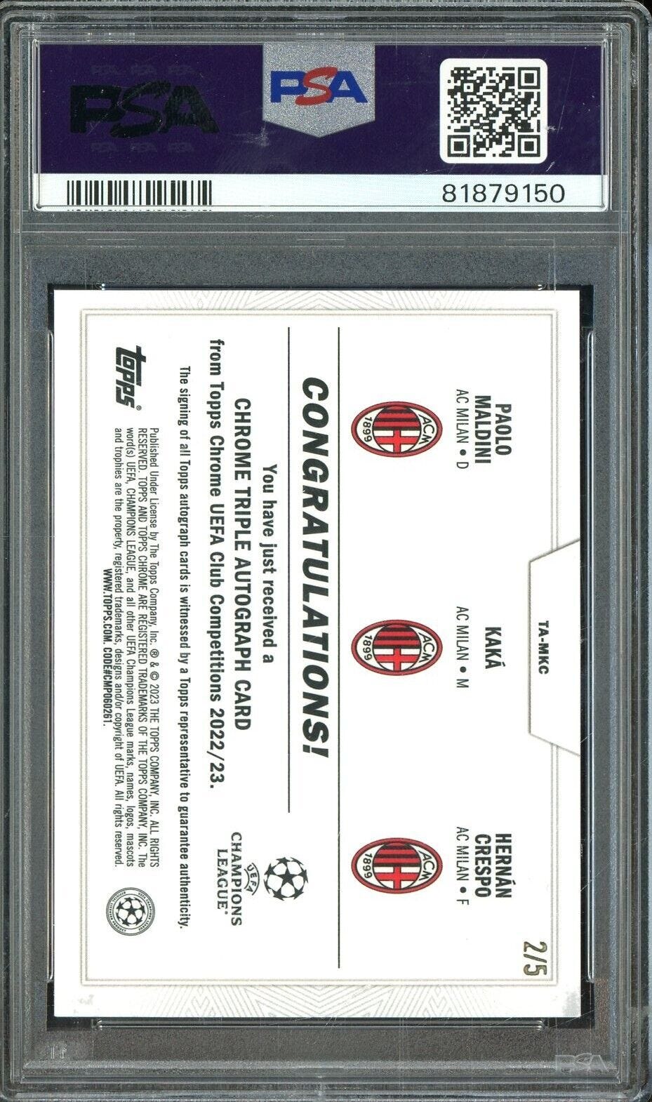 2022-23 Topps Chrome UCC Red Refractor Maldini Kaka Crespo AUTO 2/5 PSA 8 - Picture 2 of 2