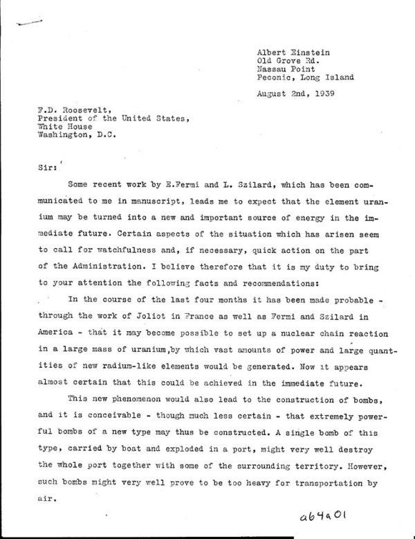 First page of Einstein's letter to Roosevelt, August 2, 1939.