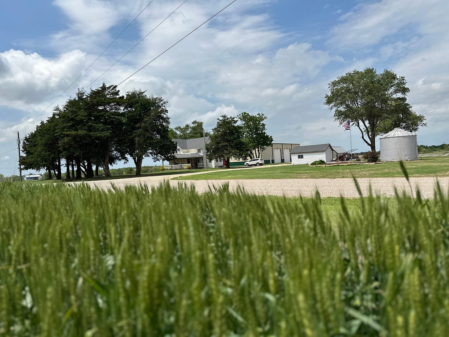 a farm with a silo sits against a blue sky