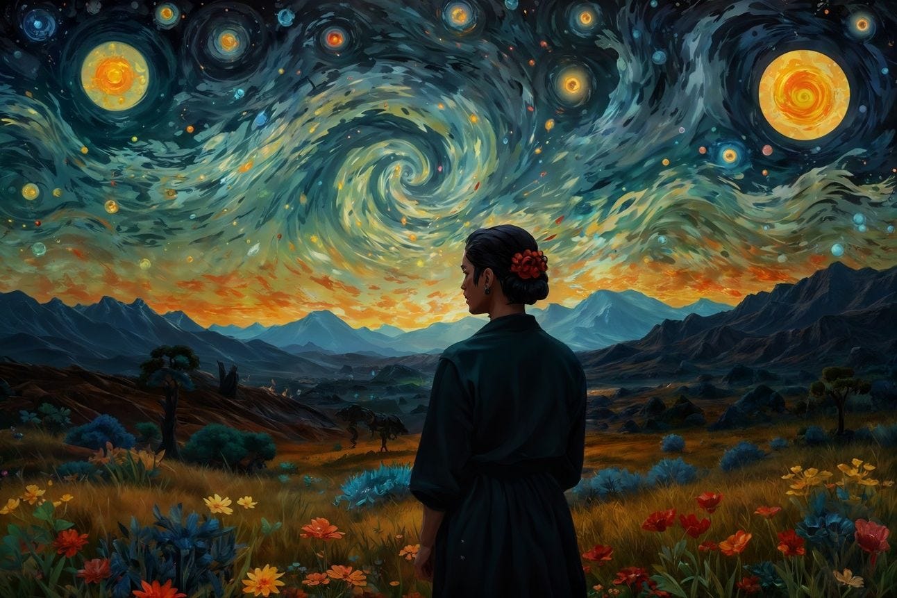 A woman looks out to a world that resembles Starry Night